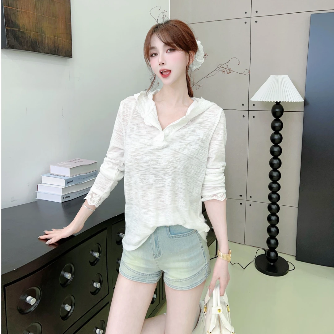 《奥西利亚》韩版蕾丝连帽宽松显瘦打底衫帽衫#8567