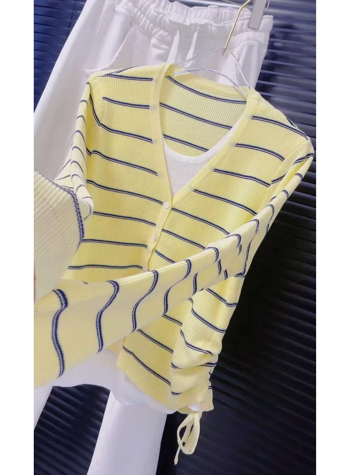 韩系春秋修身显瘦设计感百搭假两件V领条纹针织开衫女复古小上衣