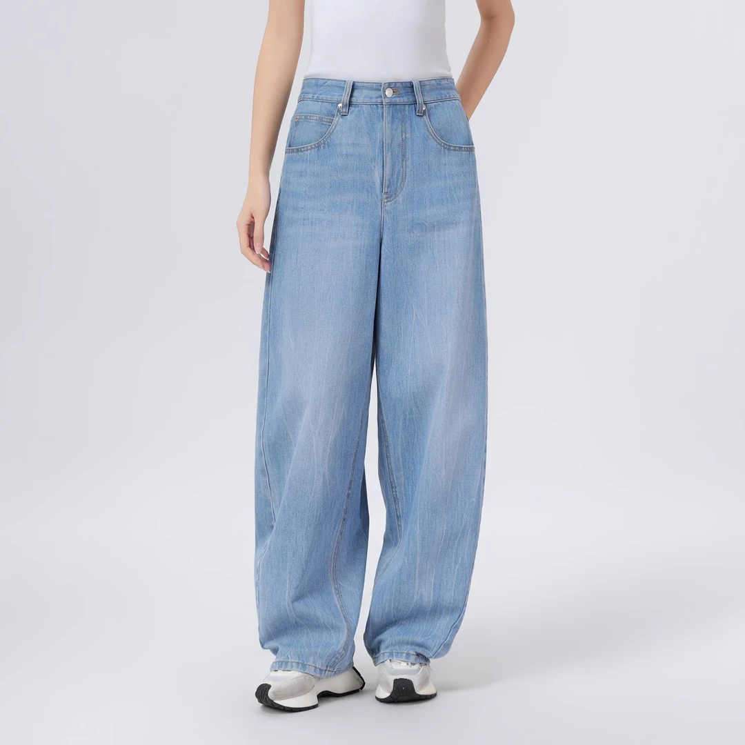 【商场同款】弯刀香蕉裤春夏新款复古扎花水洗宽松阔腿牛仔裤510084