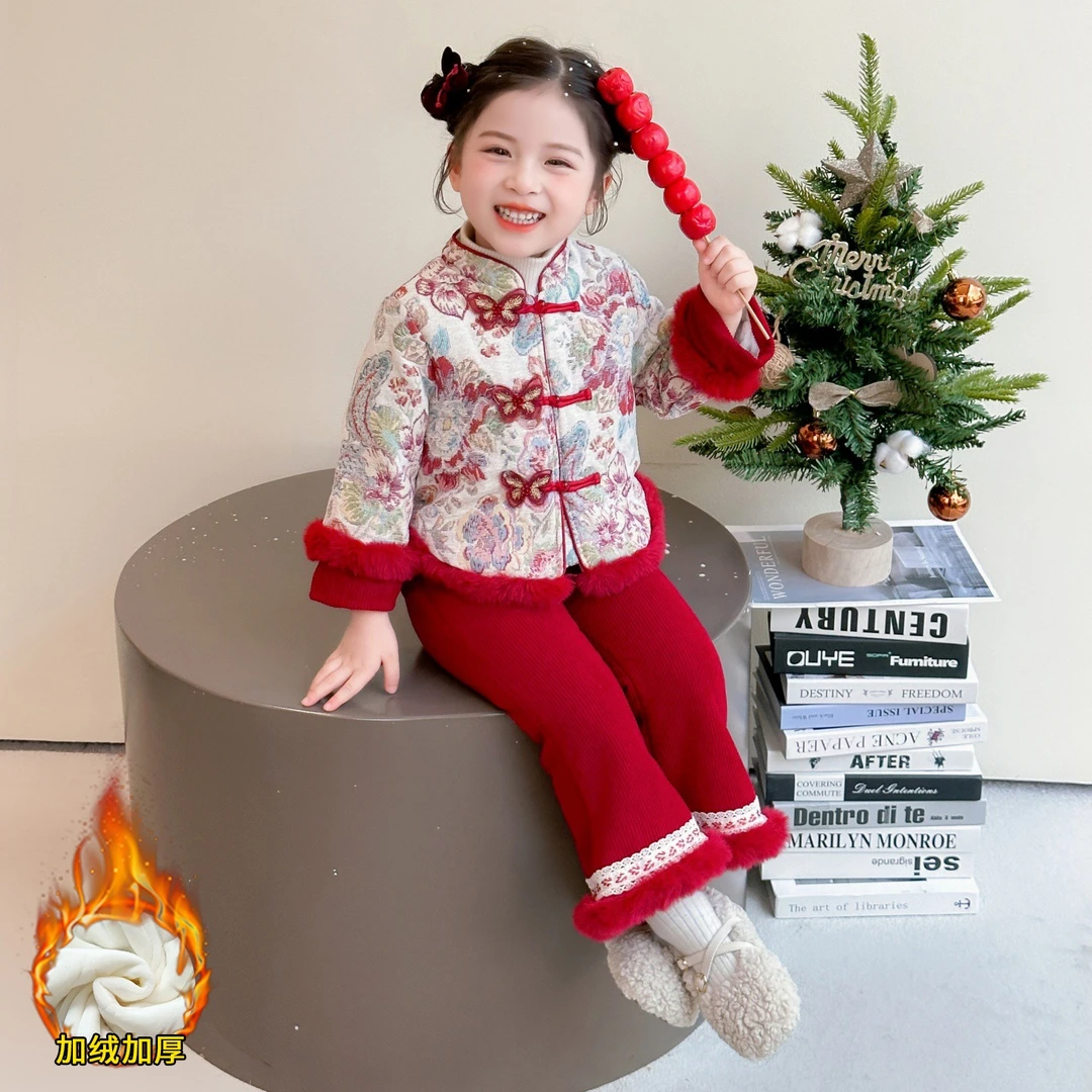 女小童加绒冬季汉服套装拜年服女宝宝加厚唐装新年装中式保暖国风
