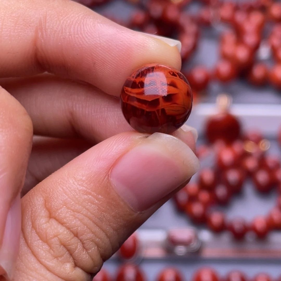 南红玛瑙未镶嵌其他天然原矿）收藏级12mm牛血火焰单珠