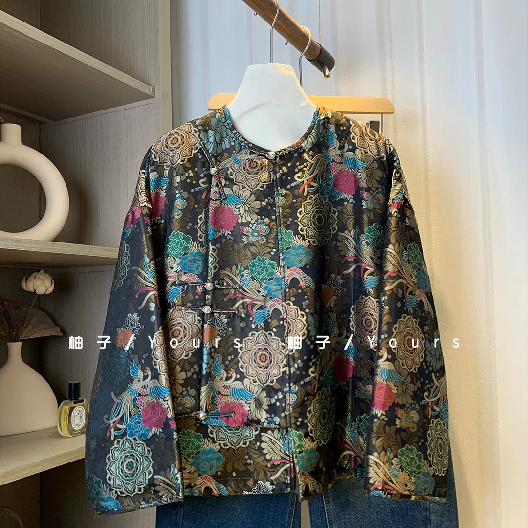 柚子Yours【凤穿牡丹】100桑蚕丝织金宋锦足银扣琵琶襟老钱外套女