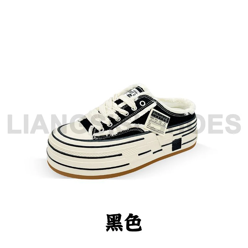 经典黑白配色个性潮流风后空帆布包头半拖鞋-311