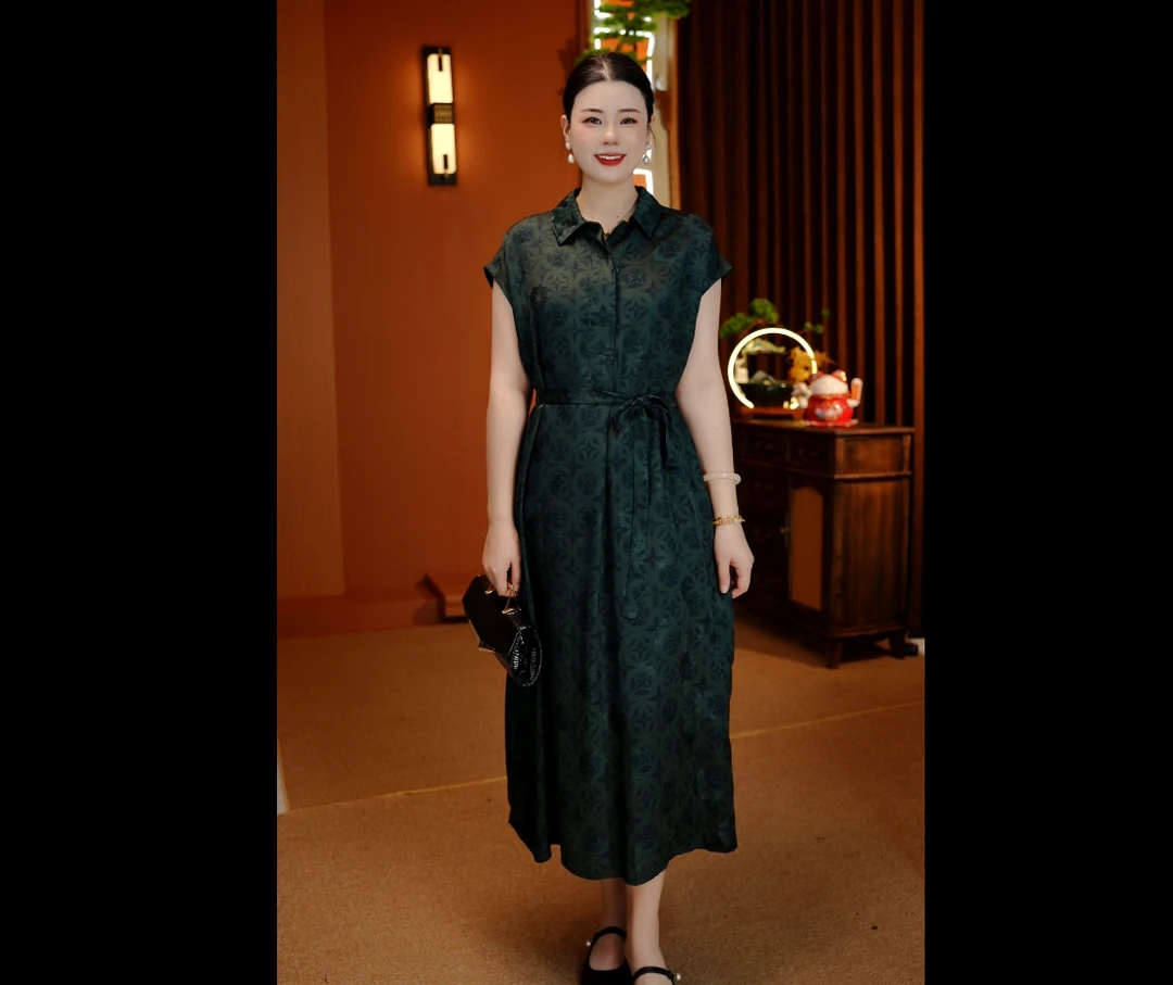 【绿风车】中国风刻丝提花花萝翻领长款品质女装连衣裙