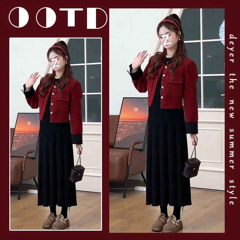 冬季过年穿搭一整套女2024新款韩版高档保暖外套高腰半身裙两件套