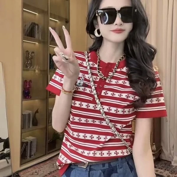 2025夏季新款时尚潮牌撞色条纹减龄显瘦针织圆领套头衫1016#