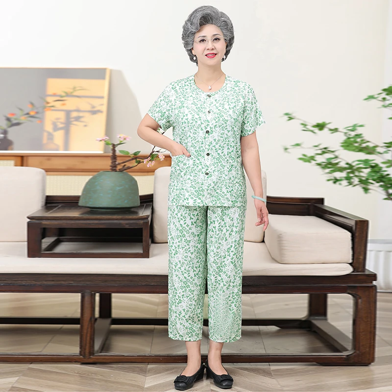 中老年夏季薄款棉绸套装奶奶大码睡衣人造棉短袖两件套家居空调服