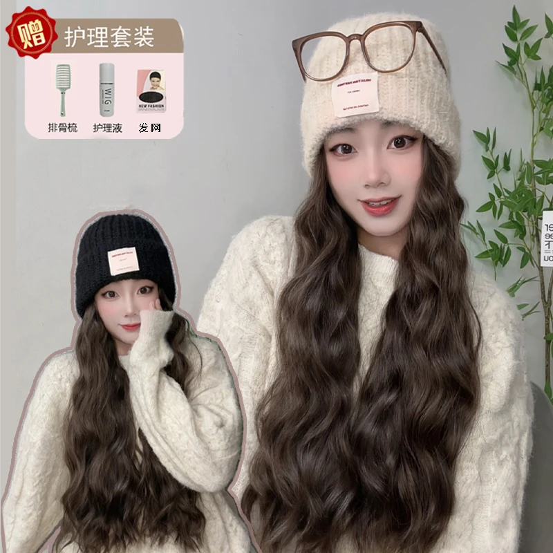 贰梦假发/方标毛线帽假发帽子一体水波纹秋冬保暖百搭大头针织帽