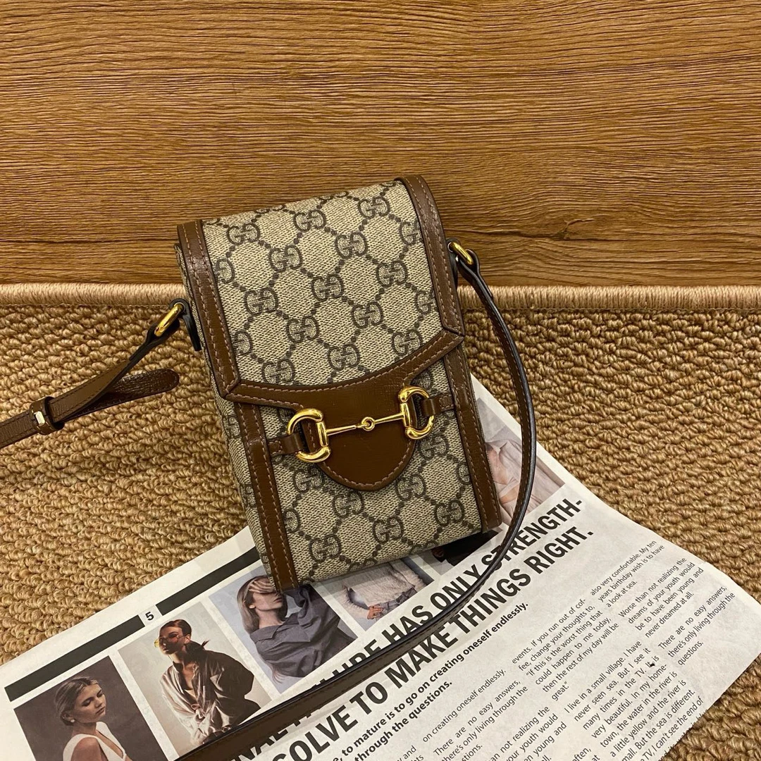 99新 GUCCI/古驰 1955手机包棕边斜挎包