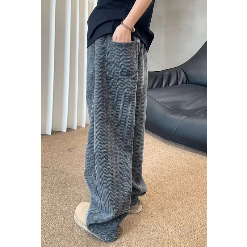 斑马纹美式复古弯刀裤子男款秋季肌理垂感微喇裤子阔腿直筒休闲裤