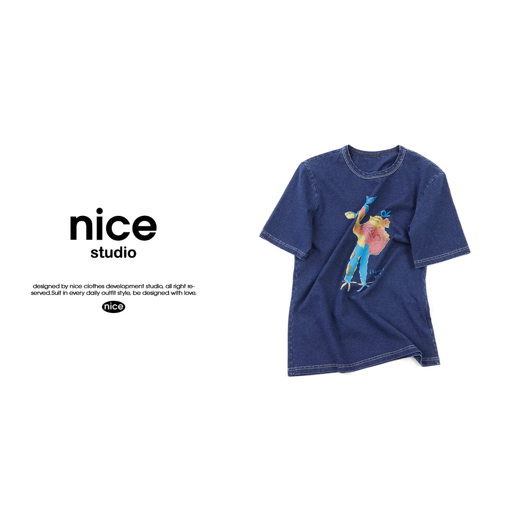 奈斯专属【彩绘火烈鸟短袖】DT5ZA0416夏季蓝色水洗做旧牛仔印花T恤