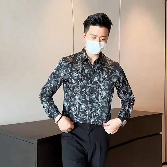 男士衬衣时尚休闲潮流印花网红百搭痞帅修身帅气韩版春季长袖衬衫