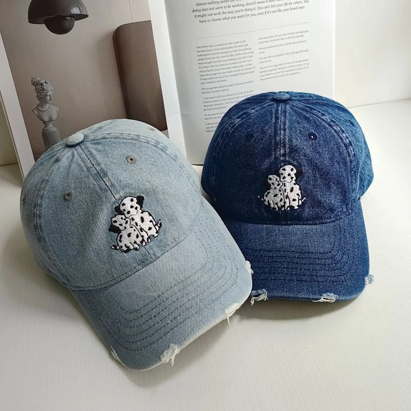 韩版ins小狗图案牛仔棒球帽子女春夏季时尚百搭破洞情侣款鸭舌帽