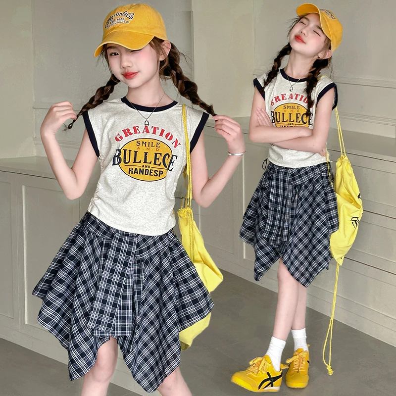 女童印花短袖T桖套装2025新款夏季中大童时尚不规则格子两件套