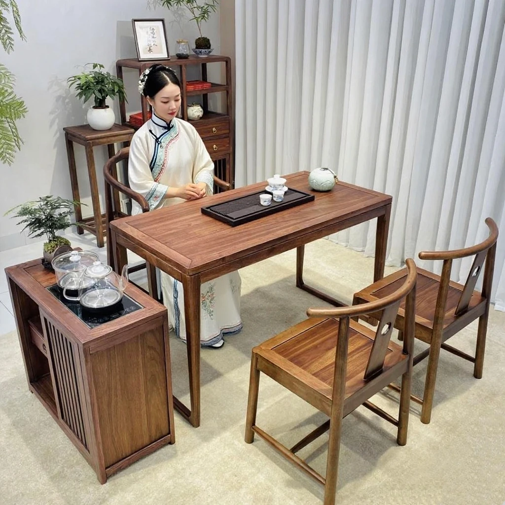 全实木新中式阳台茶桌办公茶桌休闲实木茶桌椅组合茶桌茶台HS