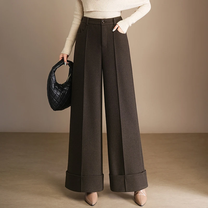 2025秋冬新款加厚羊毛呢阔腿裤女高腰宽松通勤卷边长裤时尚休闲裤
