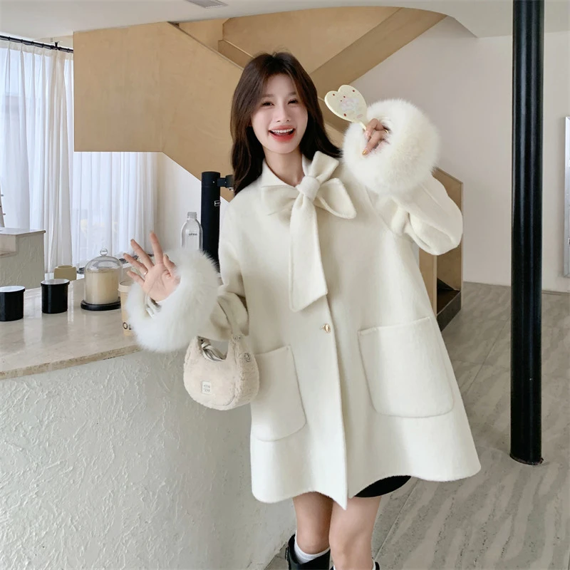 富家千金感米白色毛茸袖口设计双面呢羊毛大衣女秋冬2025新款外套
