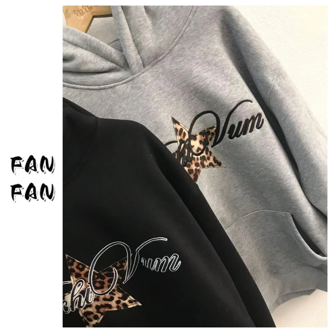 FANFAN 【豹纹星星】加绒美式连帽卫衣女