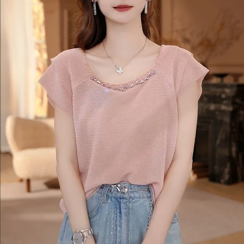 2025年夏季新款U型领小飞袖针织衫女串钻气质百搭层叠设计感上衣