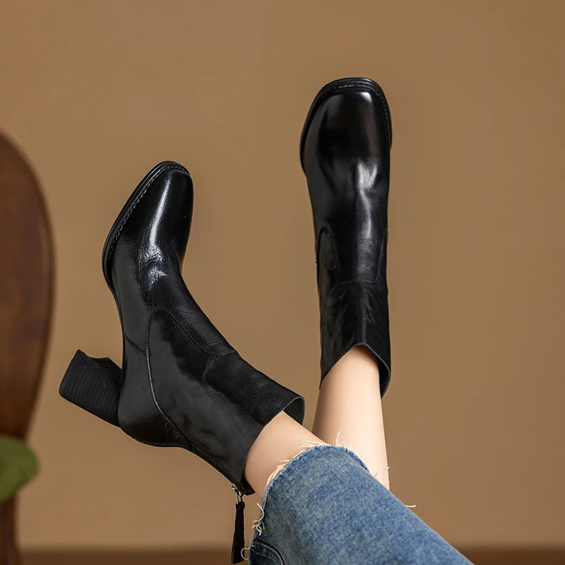 牛皮5-7厘米34-40高跟英伦风复古百搭粗跟时尚秋冬方头瘦瘦靴靴子