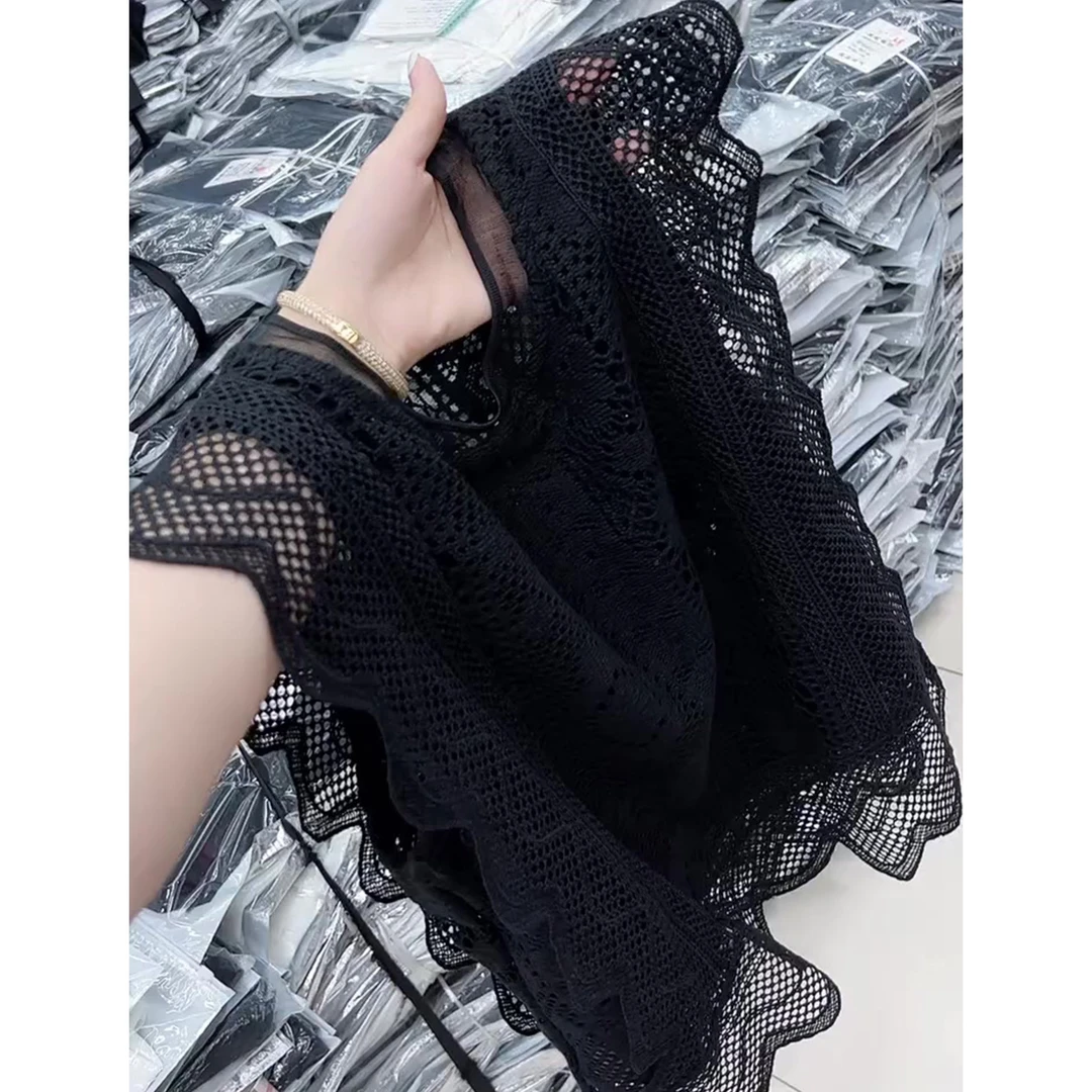 欧货气质高级感黑色镂空无袖上衣新款轻熟风蕾丝花边小衫2025年夏