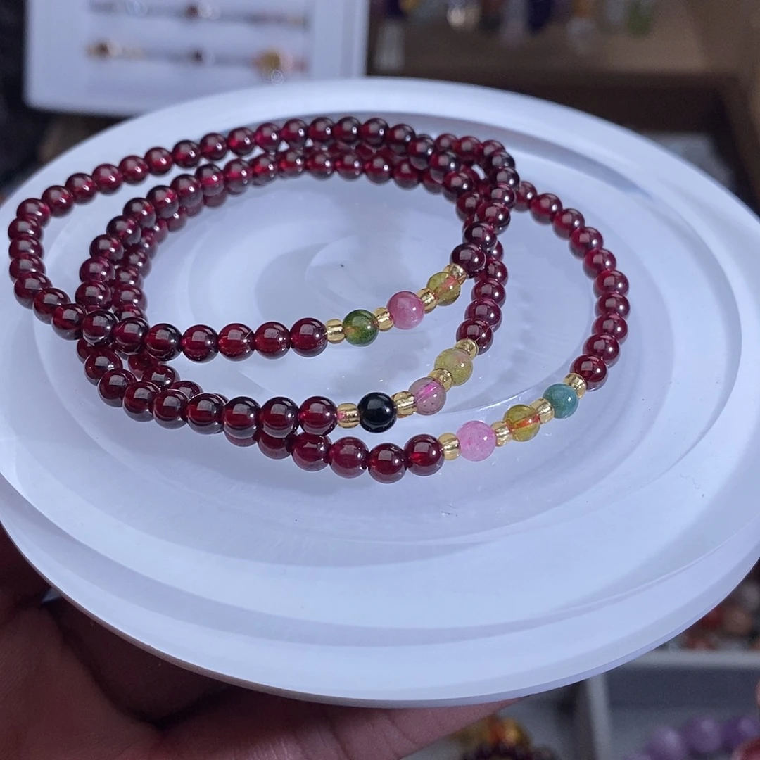 水晶未镶嵌手链净体酒红石榴石多圈