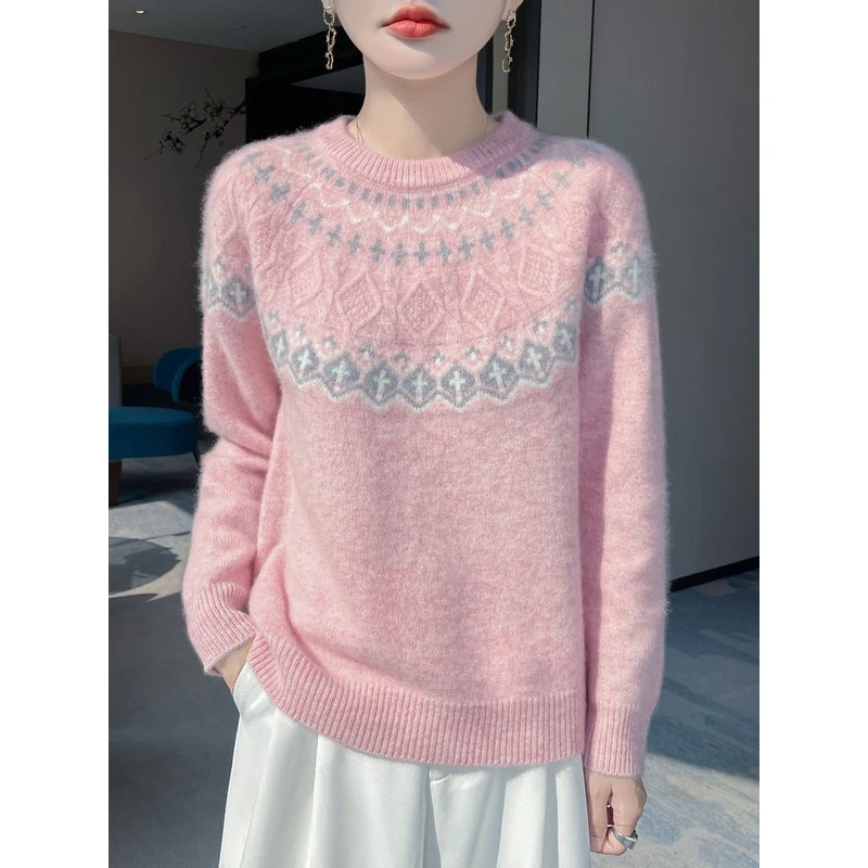 欧货复古费尔岛提花圆领羊毛衫宽松百搭针织毛衣女慵懒加厚外搭