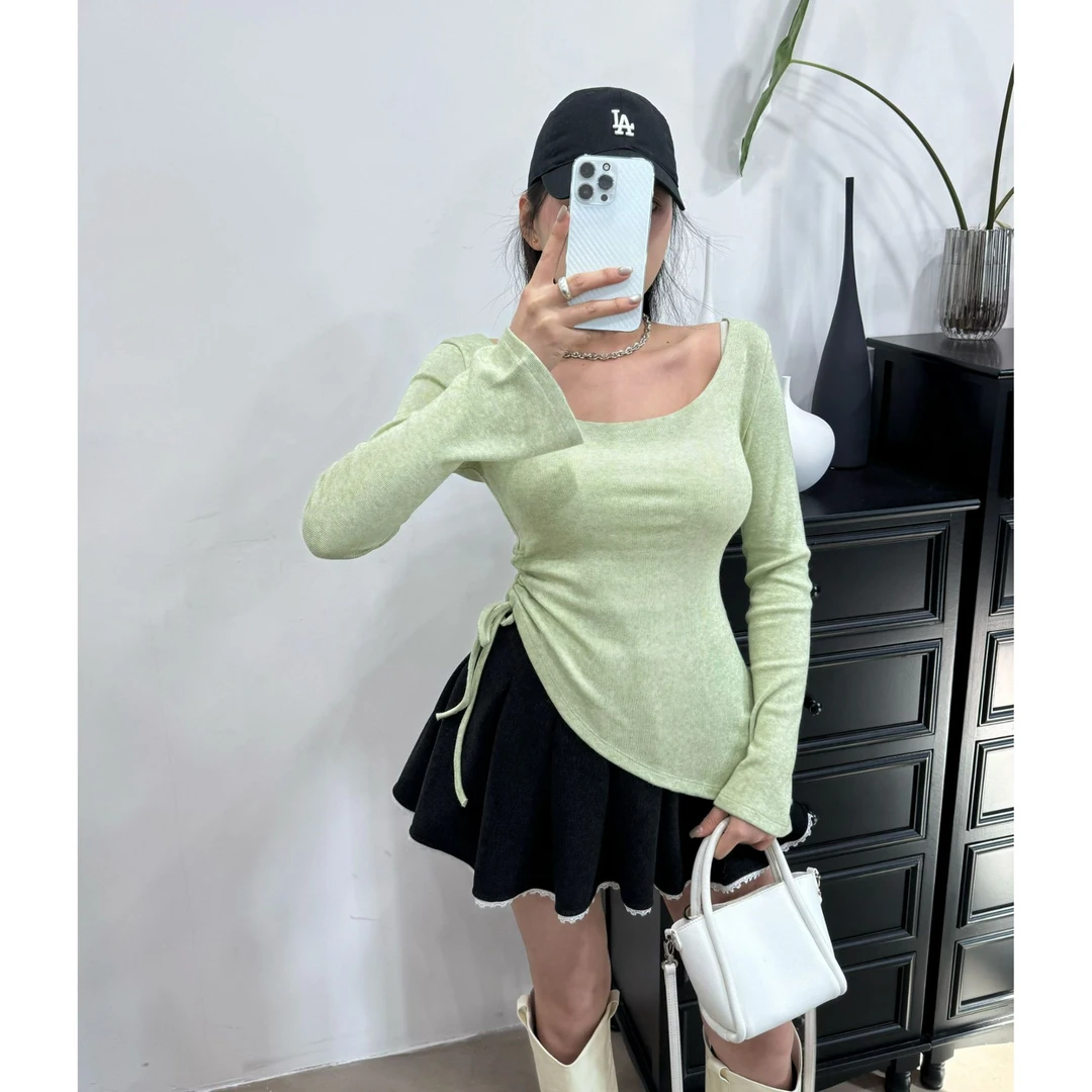 【傲人曲线】泡菜定制后杠条斜边不规则抽绳微喇袖T恤