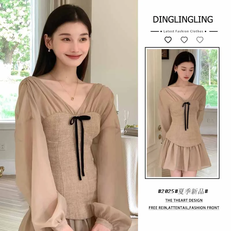 2025年夏季新款韩穿搭一整套装女法式独特别致宫廷风咖色连衣裙潮