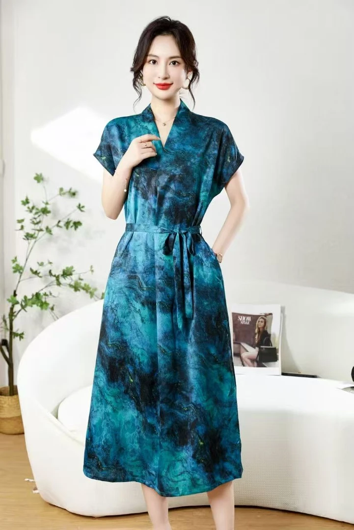 新中式蓝海短袖宽松连衣裙落肩袖遮肚子显瘦显年轻中长裙女连衣裙