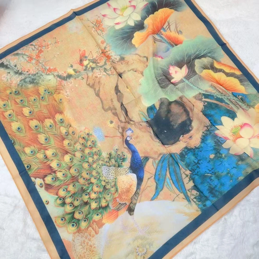 【雀荷】薯莨纱印花70*70*方巾气质提花丝巾围巾民族风中古夏季女