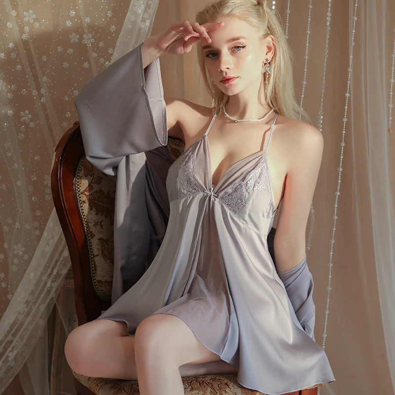 【浪漫邂逅】夏季性感睡衣女轻奢高级设计感睡裙冰丝带胸垫蕾丝薄款