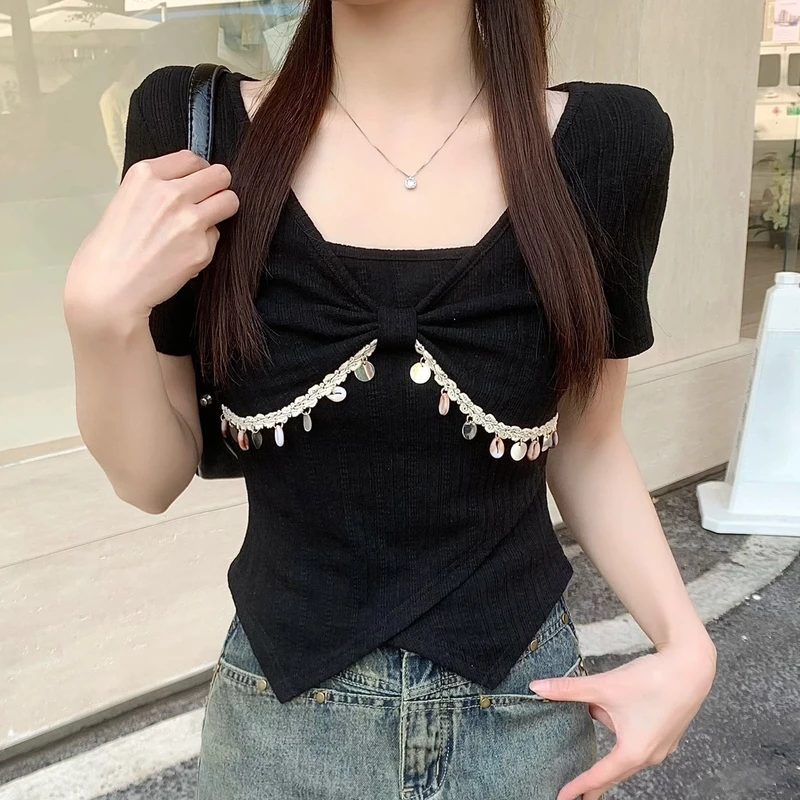 【小七家】春季新款 法式蝴蝶结设计高级感显瘦短款百搭上衣DM8616