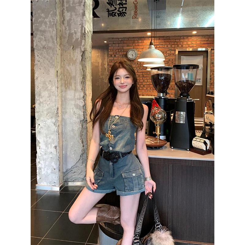 洋气衣服女牛仔连衣裤女2025夏季新款美式辣妹抹胸背心短裤阔腿裤