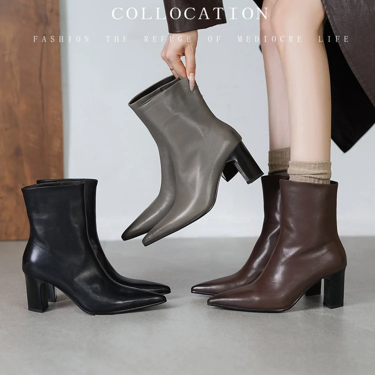 阿丽塔女鞋~7cm时尚气质尖头高跟短靴秋冬粗跟靴瘦瘦靴舒适时装靴
