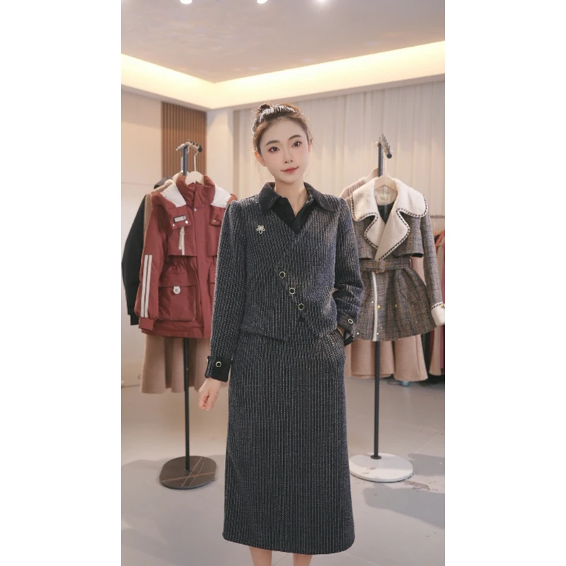 M0038 2024秋冬爆款气质名媛拼接时尚外套复古套装