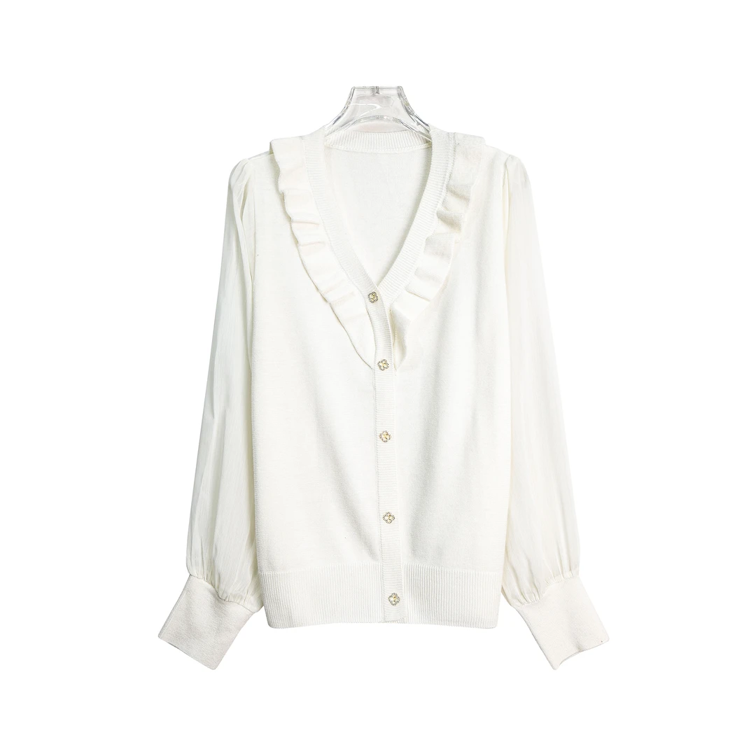 木耳边V领单排扣拼色网纱袖上衣N401