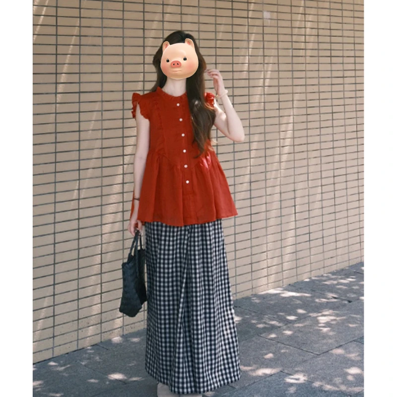 法式小飞袖红色蕾丝花边衬衫女夏季设计感小众宽松木耳边衬衣上衣