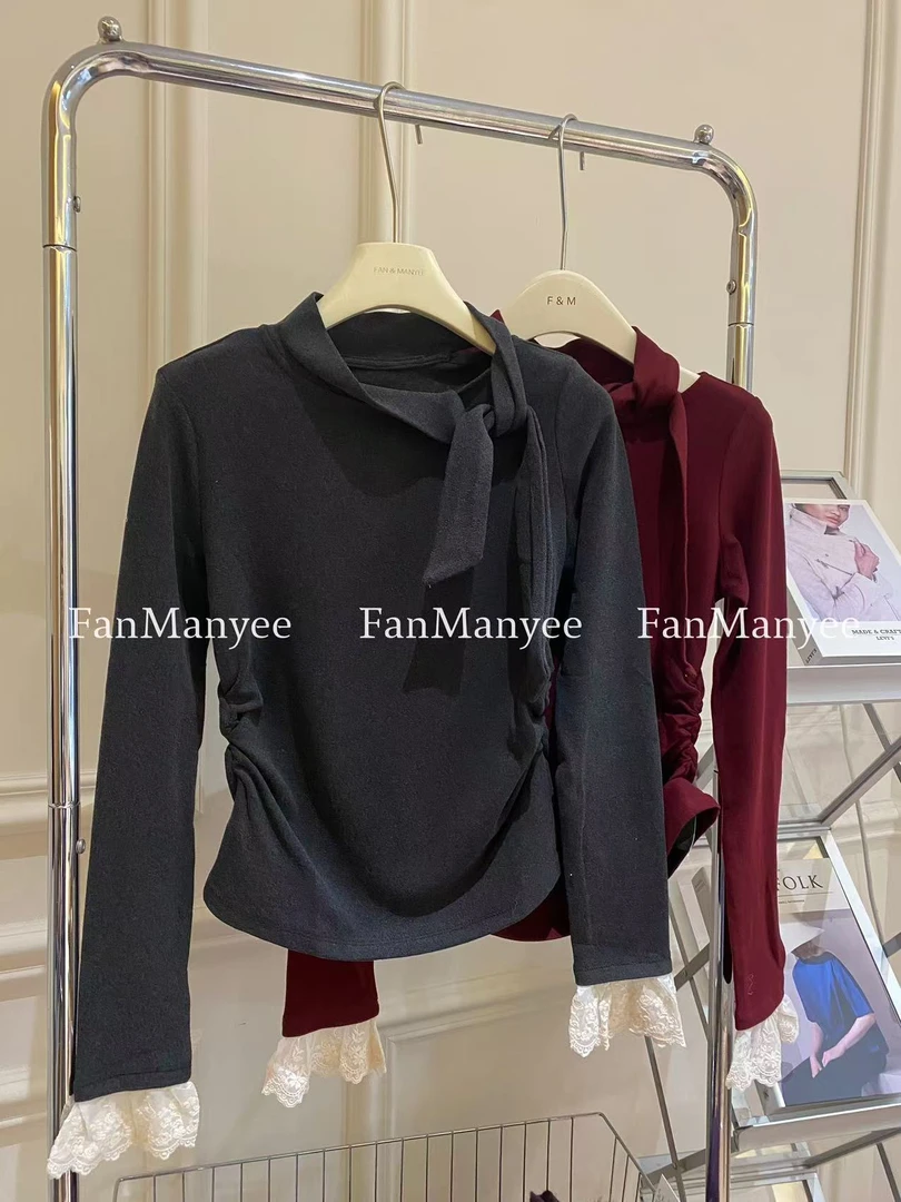 【轻法假日】秋冬半高领设计感系带加厚打底百搭纯色上衣