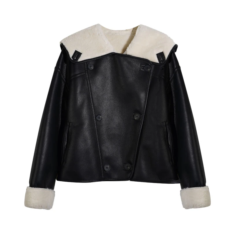 双面拼接短款气质休闲百搭皮毛一体外套9905