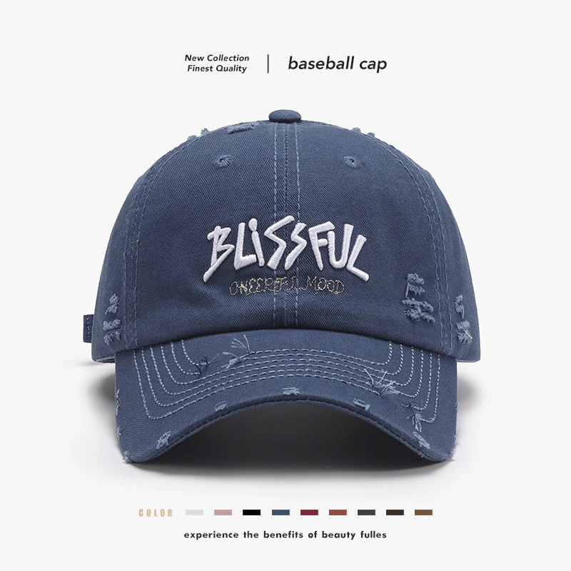 【工厂现做】立体刺绣破洞时尚透气软顶棒球帽男弯檐初秋鸭舌帽男女