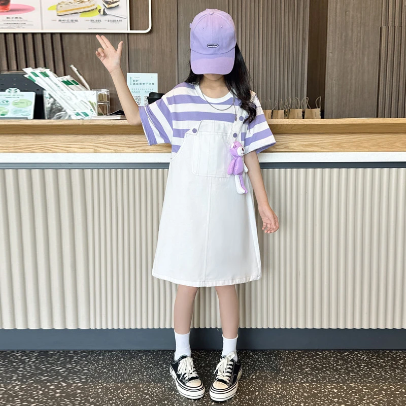 女童假两件背带连衣裙夏装2025新款洋气儿童裙子紫色学院风公主裙