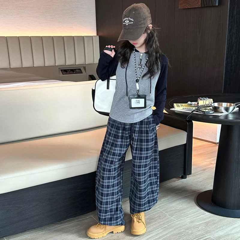 女童套装春秋2025新款儿童装韩版洋气中大童时尚潮流格子裤两件套