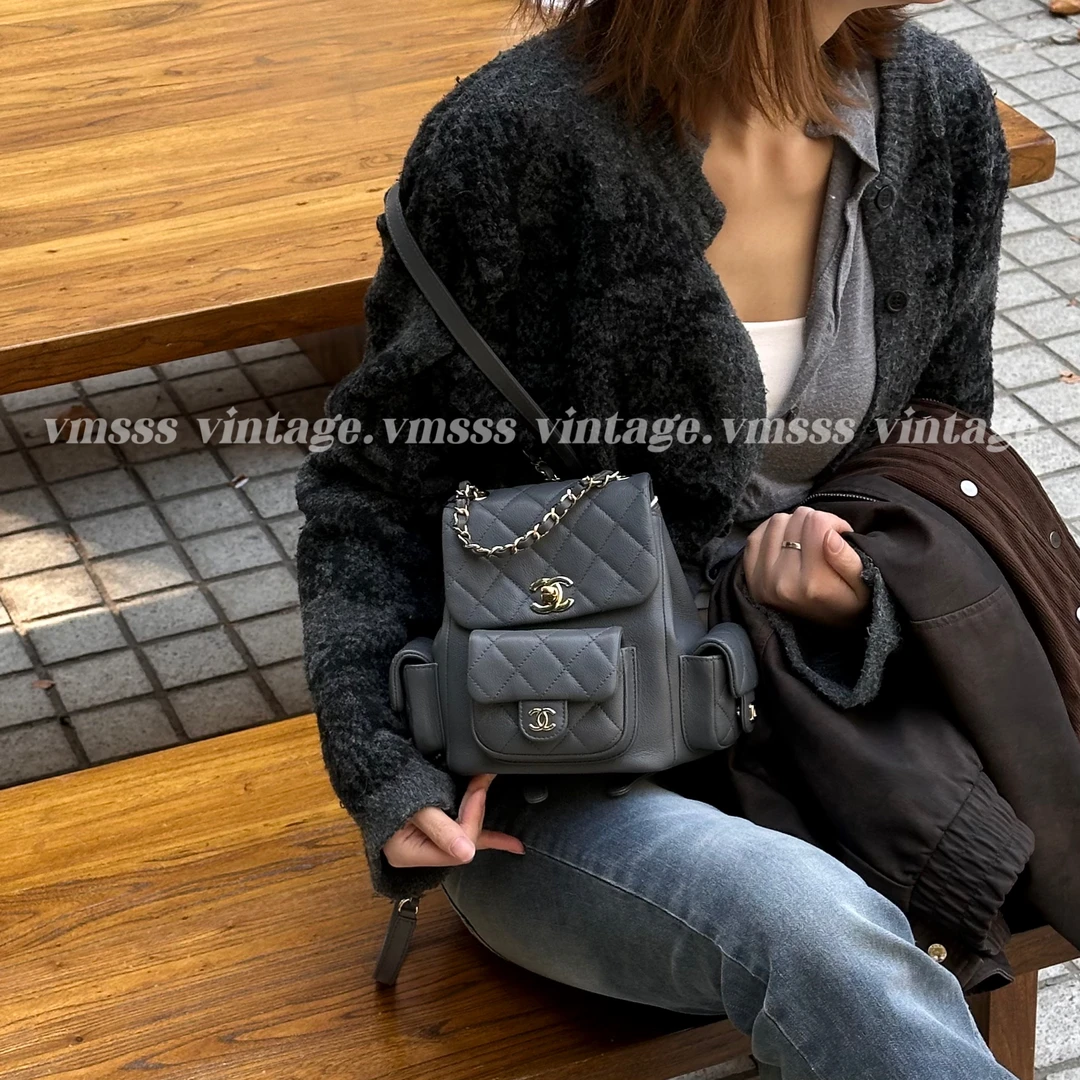 99新 Chanel/香奈儿  duma小号深灰色牛皮双肩包 芯片款27676