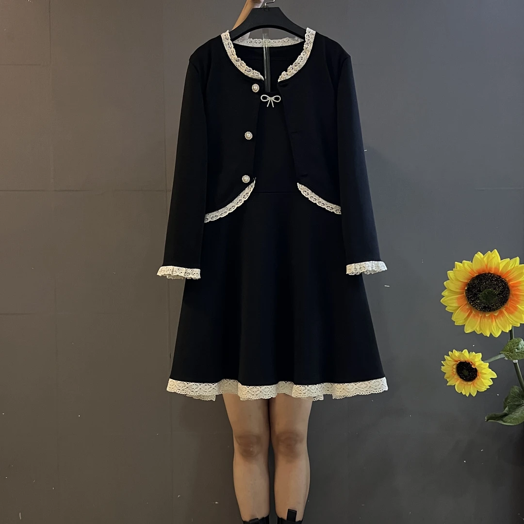 新款法式千金风蕾丝花边外套搭配砍袖连衣裙时尚减龄两件套
