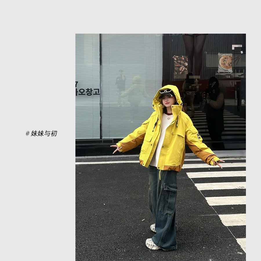 【妹妹专属】冬季男女同款潮牌拼色解构立体多口袋大口袋羽绒服6801