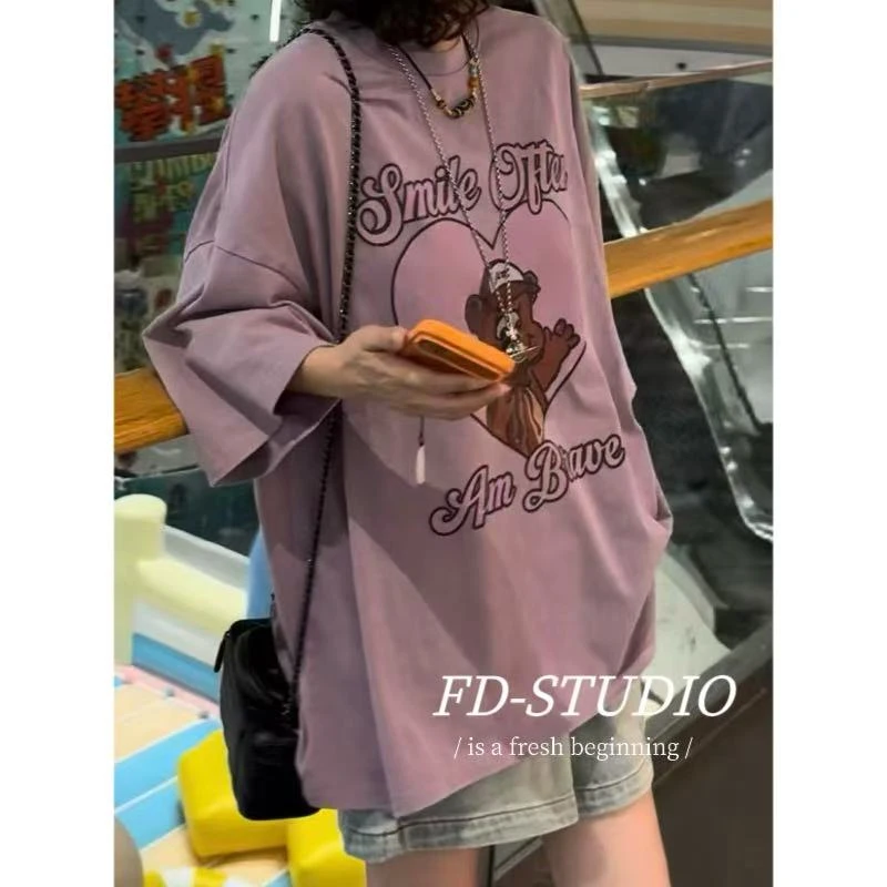【梵町定制】FD53973夏季新款卡通爱心小熊廓版短袖T恤宽松休闲