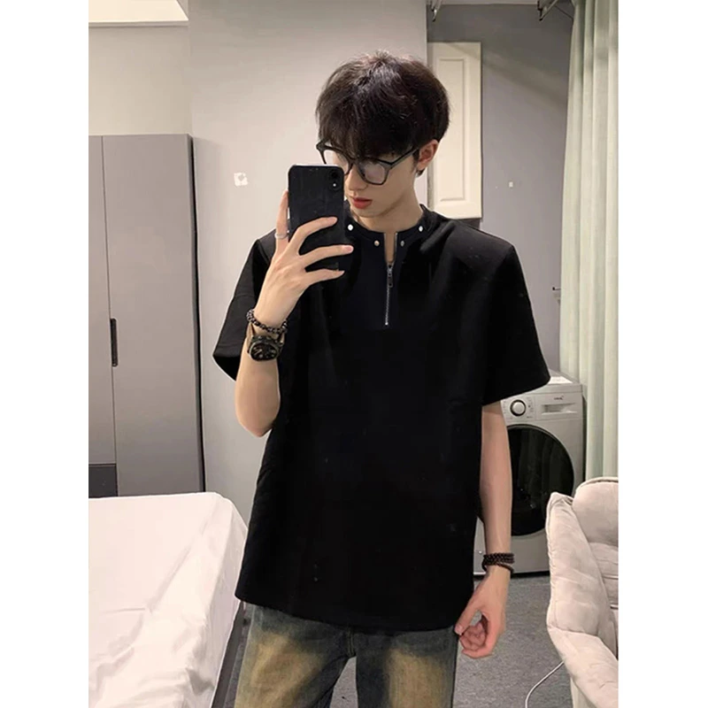 黑色高级感半拉链t恤男cleanfit重磅短袖美式高街铆钉设计感半袖