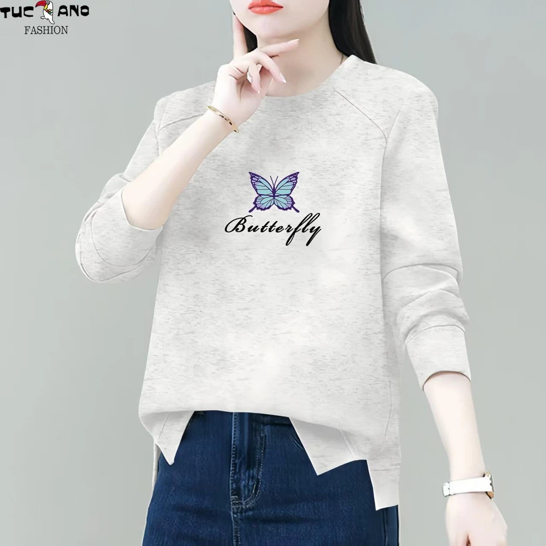 啄木鸟减龄米灰色卫衣女2025年新款春秋季圆领短款妈妈款长袖上衣