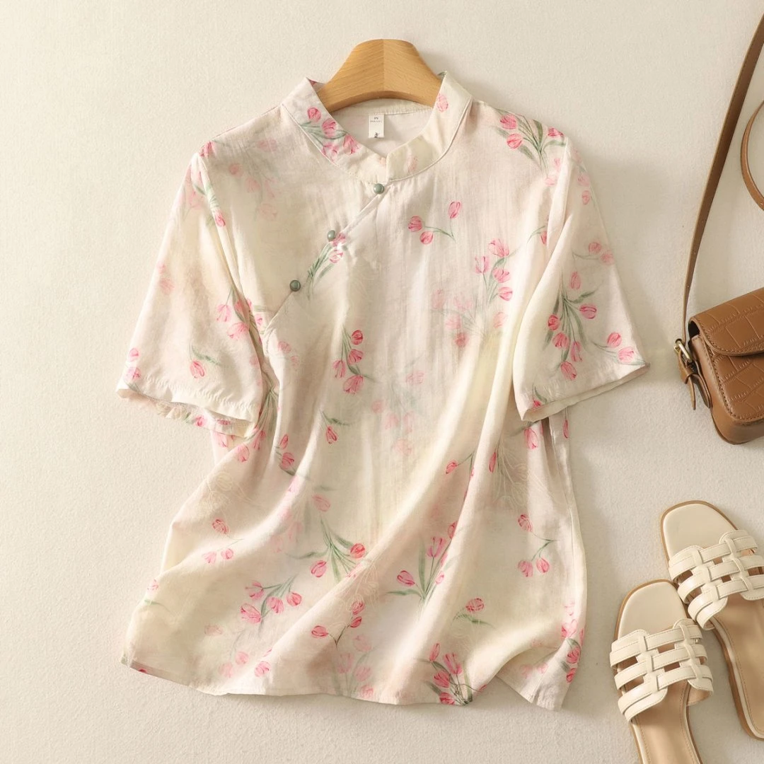 9220#文艺复古上衣女短款复古立领斜襟印花衬衫女2025夏季